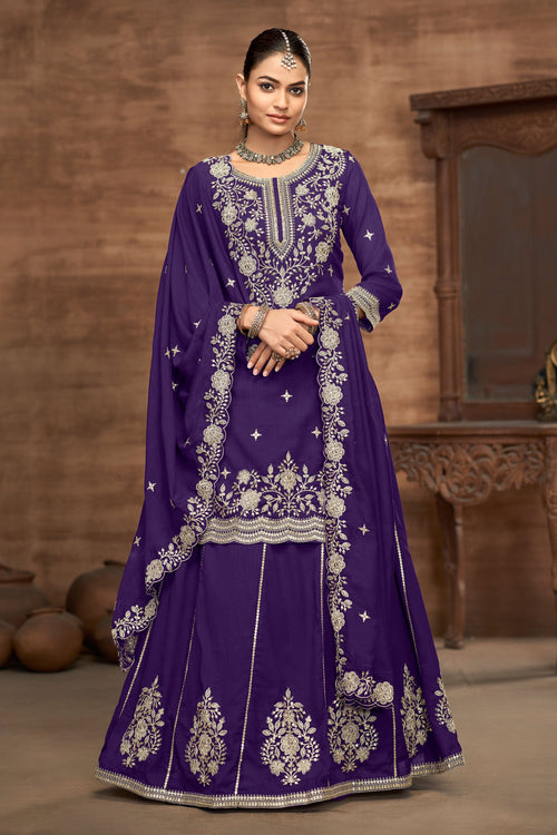 Art Silk Purple Sangeet Wear Readymade Sharara Style Lehenga