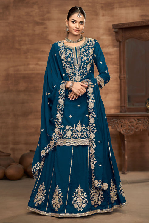 Teal Art Silk Sangeet Wear Readymade Sharara Style Lehenga