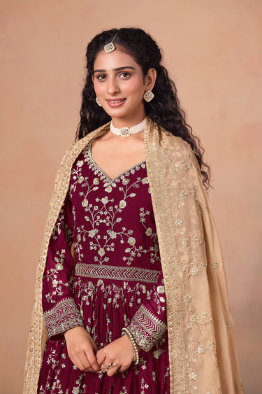 Wine Festive Wear Faux Georgette Anarkali Suit