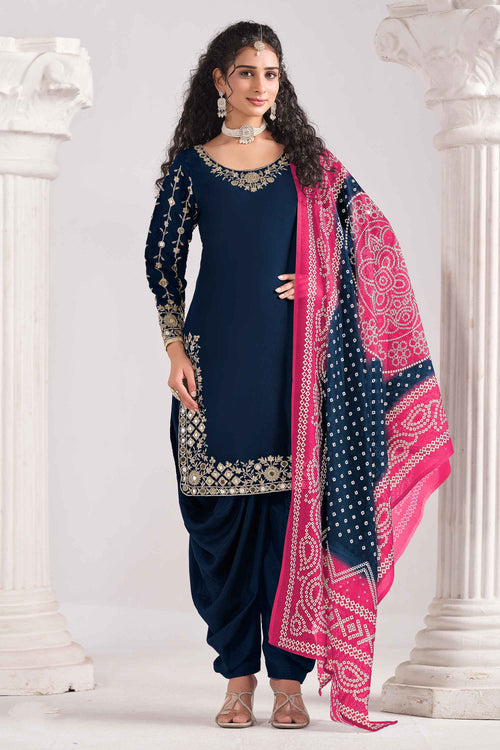 Art Silk Embroidered Work Navy Blue Designer Patiala Salwar Suit