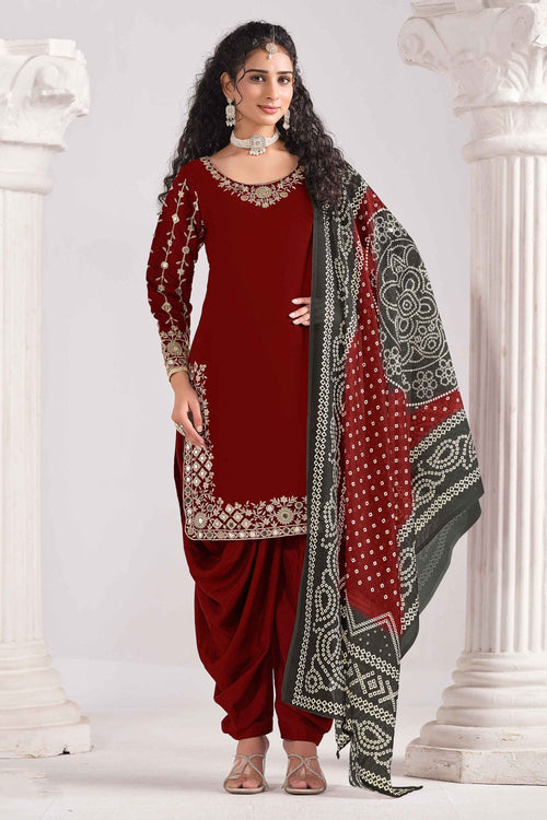 Maroon Art Silk Designer Punjabi Style Suit With Dupatta