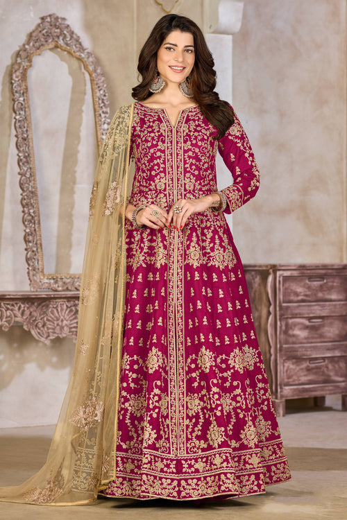 Magenta Art Silk Designer Long Flair Anarkali Salwar Kameez