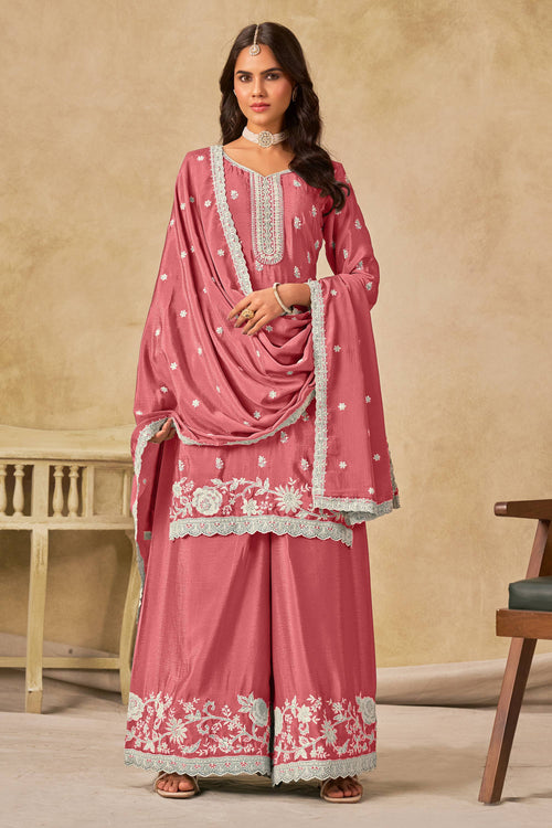 Pink Chinon Designer Palazzo Suit With Dupatta