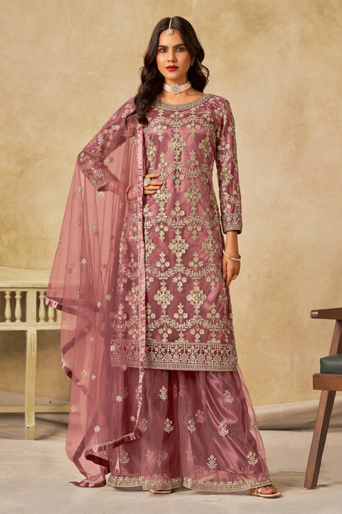 Pink Net Embroidered Palazzo Suit