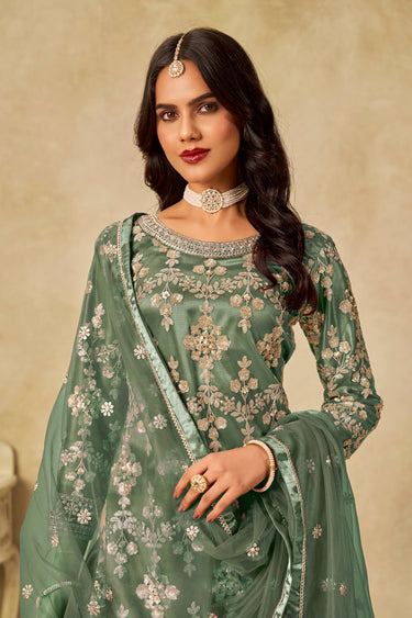 Sea Green Net Designer Sharara Palazzo Salwar Kameez