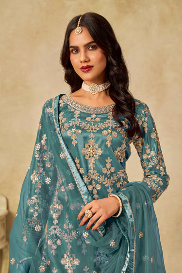 Net Cyan Designer Palazzo Salwar Suit