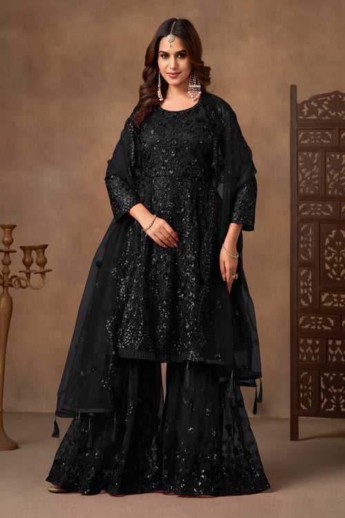 Net Sequins Embroidered Black Function Wear Palazzo Suit With Dupatta