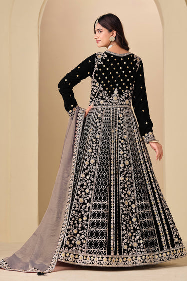 Velvet Embroidered Black Wedding Wear Anarkali Suit With Dupatta