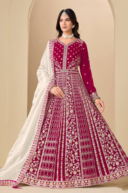 Velvet Embroidered Pink Anarkali Suit For Wedding Wear