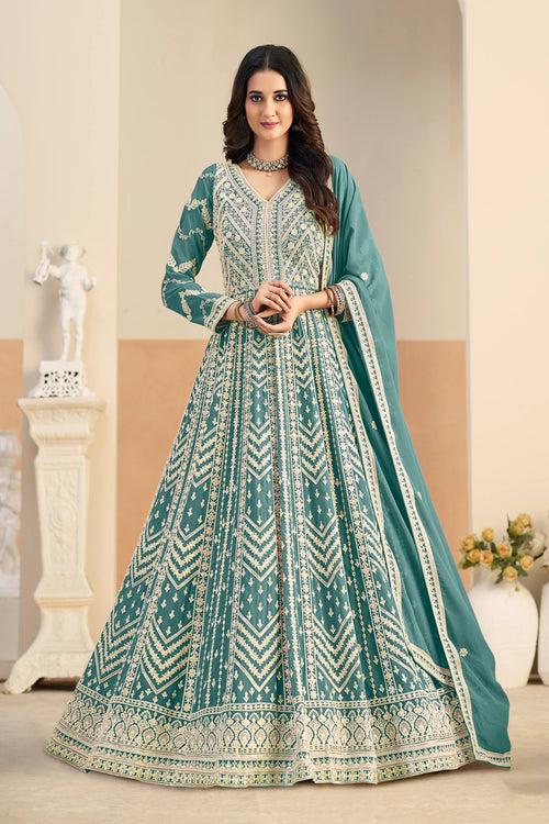 Embroidered Georgette Teal Function Wear Anarkali Suit