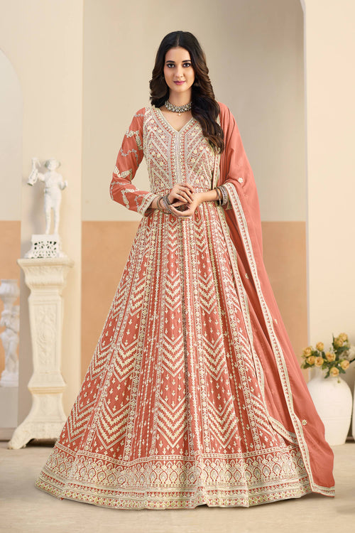 Georgette Embroidered Rust Function Wear Anarkali Suit