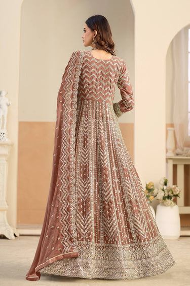 Embroidered Georgette Rust Readymade Anarkali Suit For Festive Wear