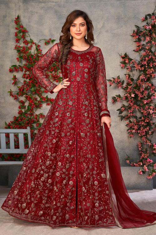 Embroidered Net Long Anarkali Dress In Maroon Color
