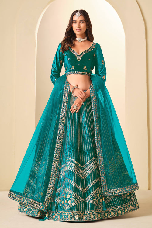 Teal Wedding Wear Velvet Embroidered Lehenga Choli With Dupatta