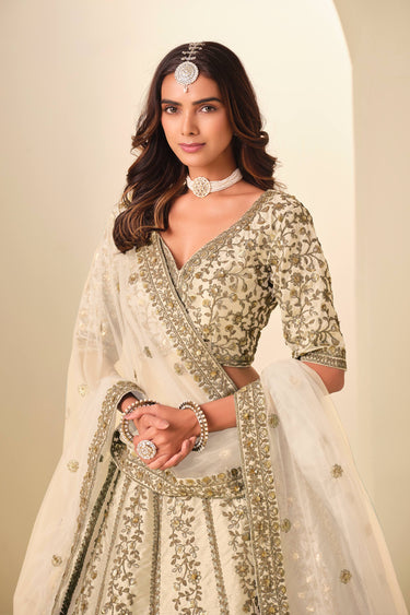 Embroidered Art Silk Fabric Beige Lehenga Choli For Function Wear