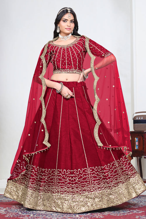 Beautiful Art Silk Designer Red Lehenga With Net Dupatta