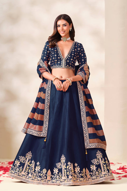 Navy Blue Art Silk Sangeet Function Lehenga Choli For Women