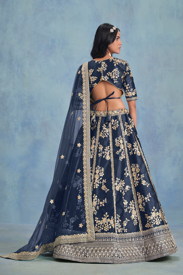 Occasion Wear Embroidered Lehenga Choli In Navy Blue Art Silk Fabric