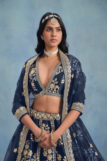 Occasion Wear Embroidered Lehenga Choli In Navy Blue Art Silk Fabric