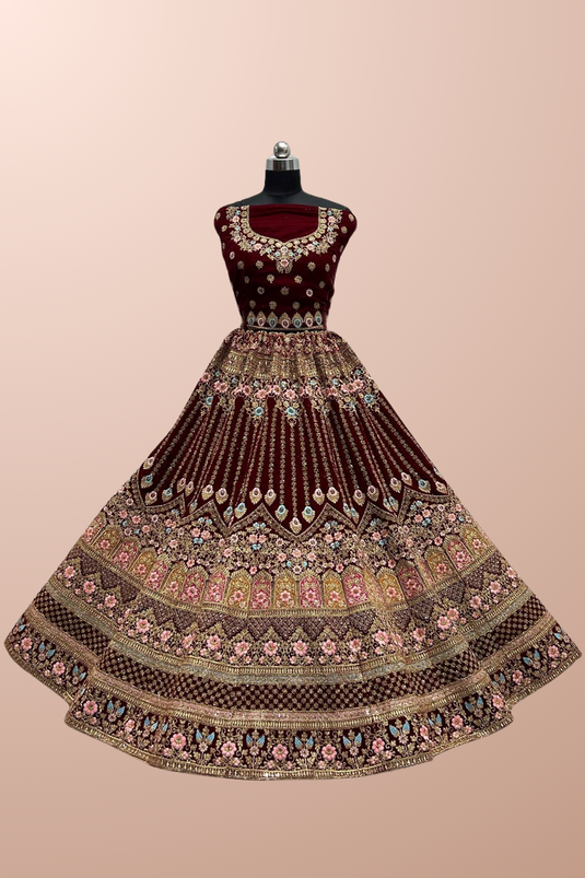 Velvet Fabric Winsome Wedding Wear Maroon Color Bridal Lehenga