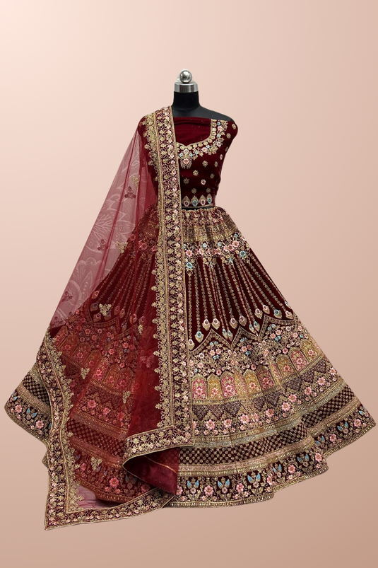 Velvet Fabric Winsome Wedding Wear Maroon Color Bridal Lehenga