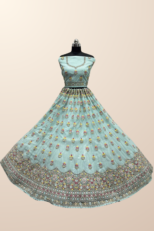 Sky Blue Color Net Fabric Wedding Wear Tempting Bridal Lehenga