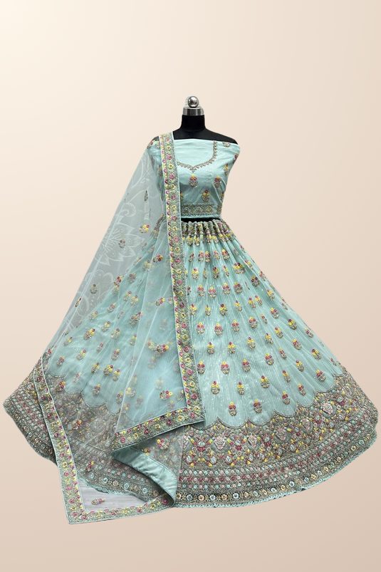 Sky Blue Color Net Fabric Wedding Wear Tempting Bridal Lehenga