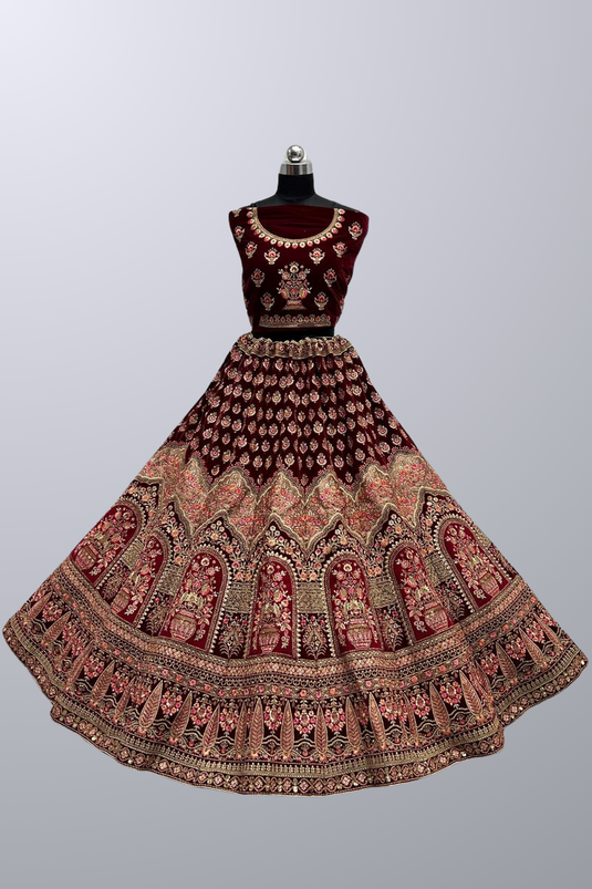 Heavy Velvet Fabric Thread Embroidered Maroon Color Bridal Look Lehenga