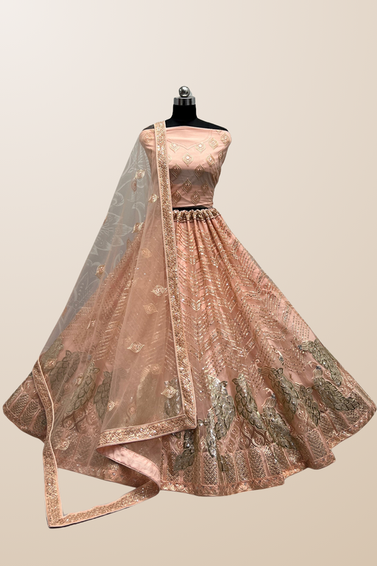 Peach Color Net Lehenga Choli with Sequins Work