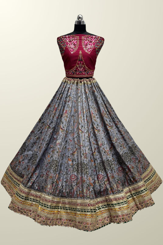 Grey Color Charismatic Printed Silk Lehenga