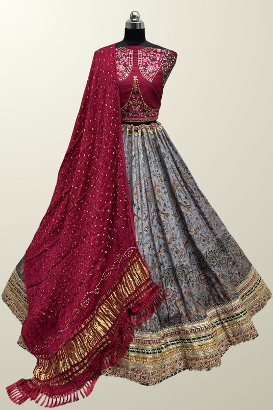 Grey Color Charismatic Printed Silk Lehenga