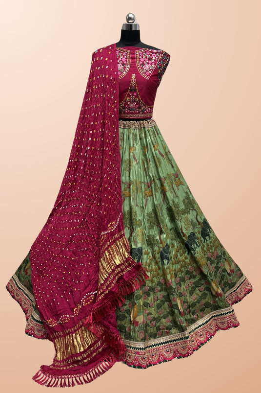 Phenomenal Printed Sea Green Color Silk Lehenga