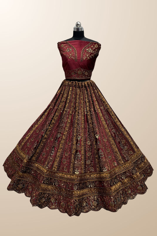 Maroon Color Velvet Fabric Charismatic Lehenga With Double Dupatta