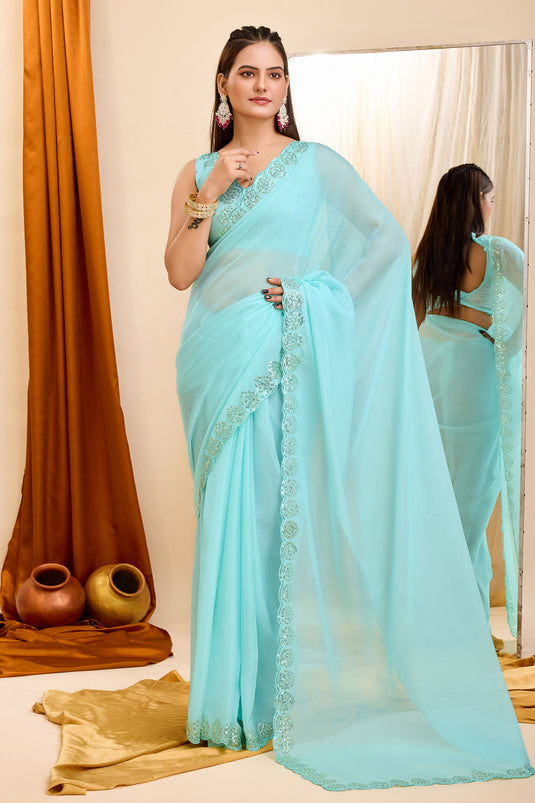 Sky Blue Color Sequins Work Glamorous Festive Wear Georgette Saree