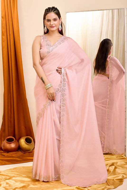 Peach Color Exquisite Sequins Work Festive Wear Georgette Saree