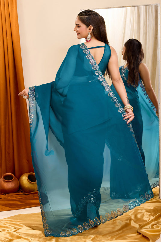 Sequins Work Attractive Festive Wear Georgette Saree In Teal Color