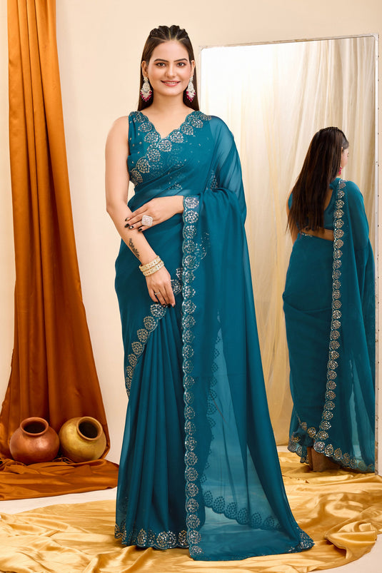 Sequins Work Attractive Festive Wear Georgette Saree In Teal Color