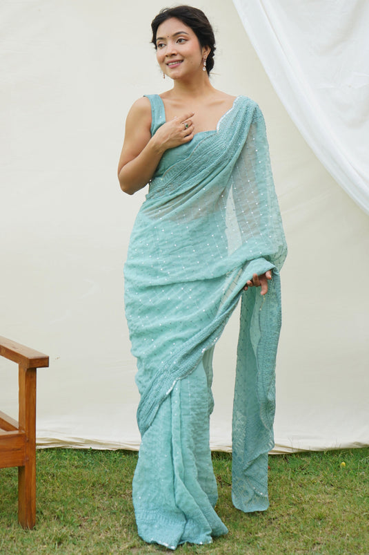 Cyan Color Sequins Work Brilliant Festive Wear Georgette Saree