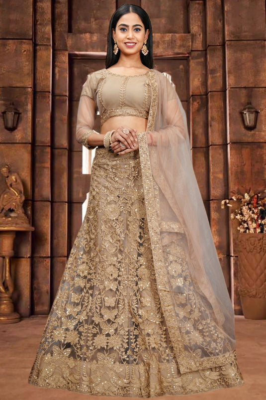 Amazing Sequins Work On Beige Color Net Fabric Lehenga