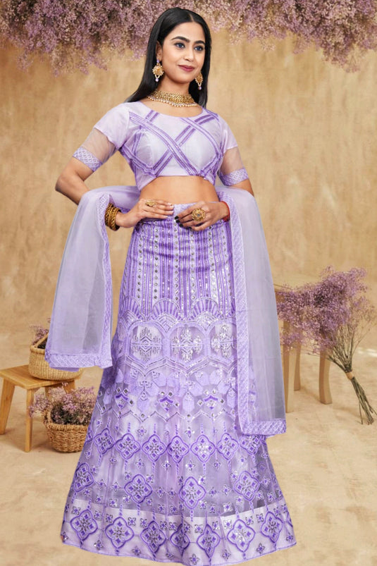 Lavender Color Sequins Work On Net Fabric Chic Lehenga