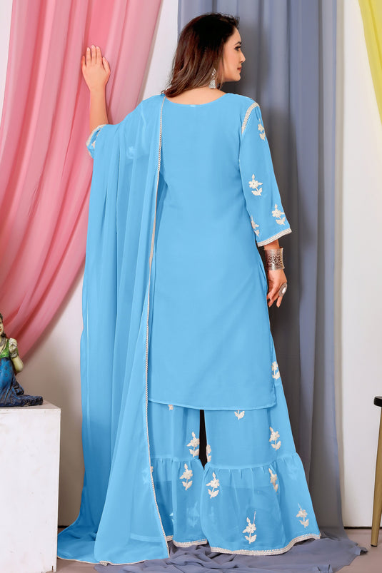 Georgette Fabric Blue Color Embroidered Winsome Palazzo Suit