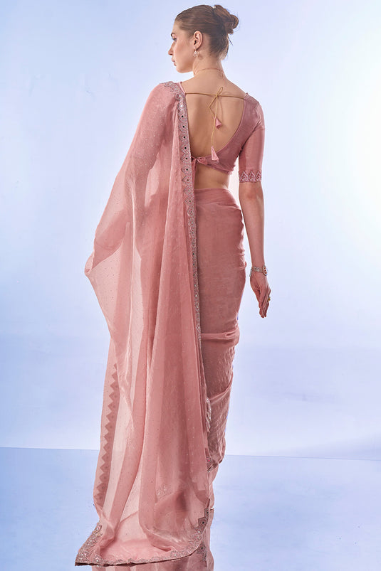 Ingenious Swarovski work Pink Color Fancy Fabric Saree
