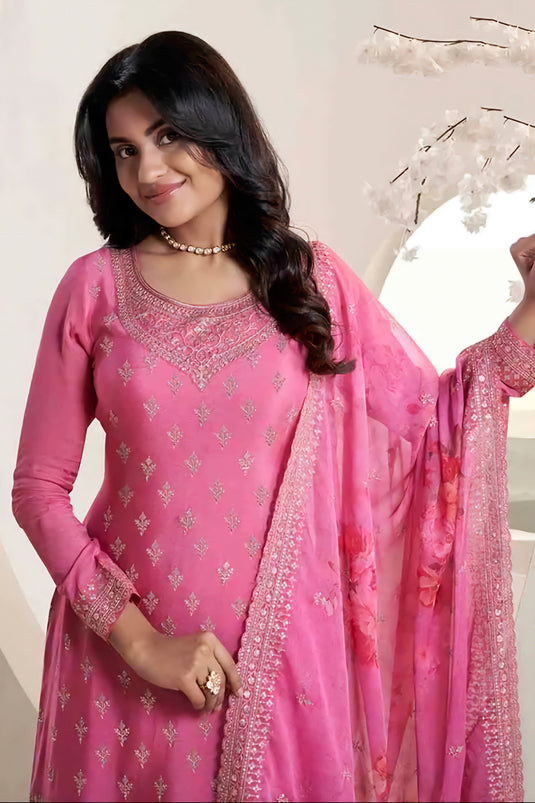 Chinon Fabric Pink Color Function Wear Elegant Sharara Suit