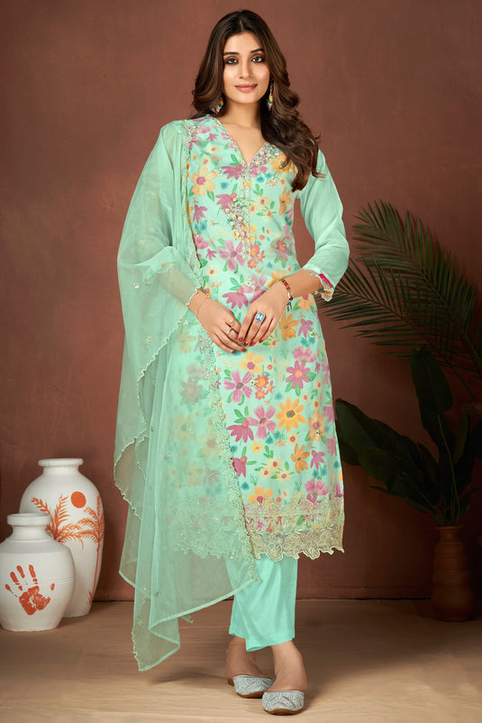 Excellent Organza Fabric Sea Green Color Readymade Salwar Suit