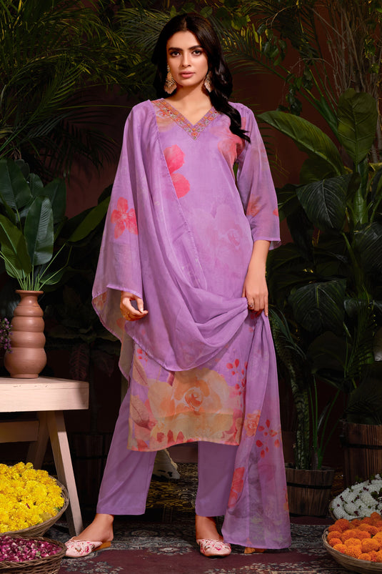 Purple Color Organza Fabric Charming Readymade Printed Salwar Suit