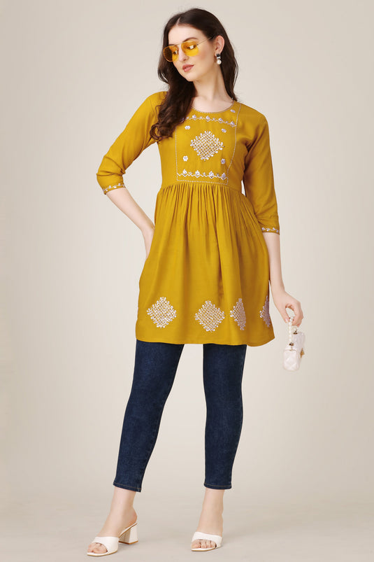 Excellent Rayon Fabric Mustard Color Readymade Short Kurti