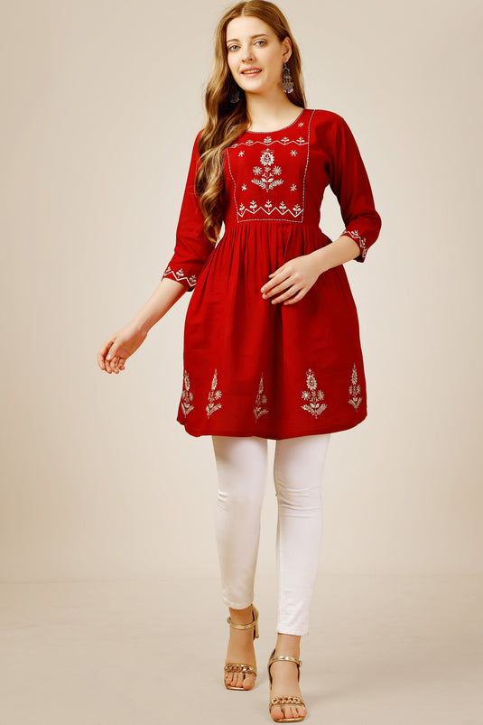 Incredible Rayon Fabric Red Color Readymade Short Kurti