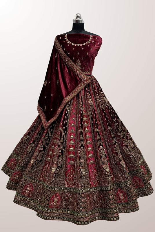 Wedding look Velvet Fabric Sequins Embroidered Bridal Lehenga in Maroon Color