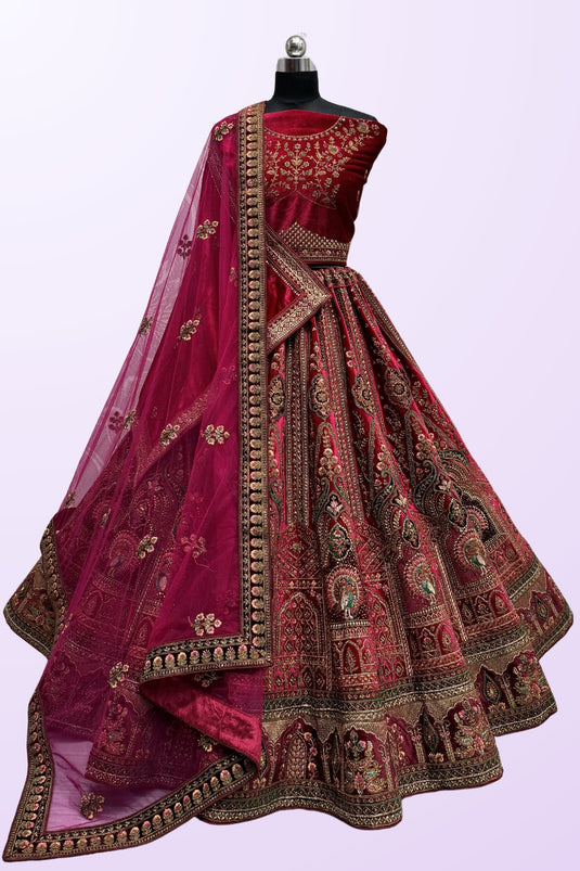 Pink Color Wedding Wear Embroidered Captivating Bridal Lehenga In Velvet Fabric