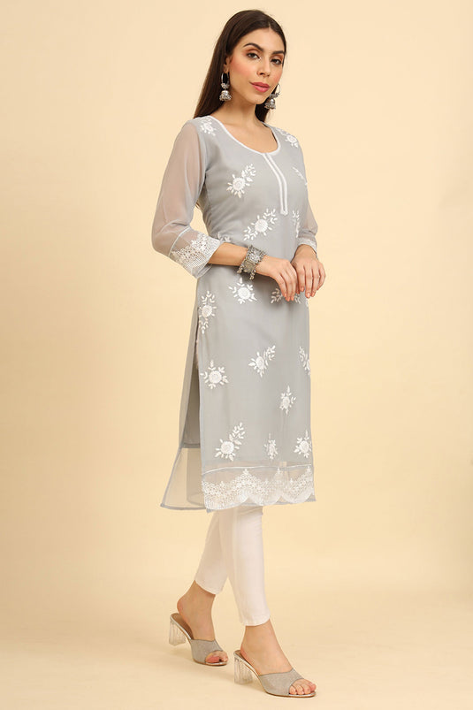 Marvellous Georgette Fabric Embroidered Kurti In Grey Color